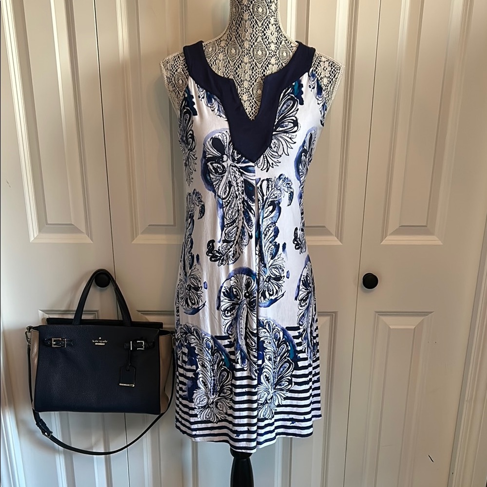 Tommy Bahama Blue and White Sundress with V-neck Sleeveless Design